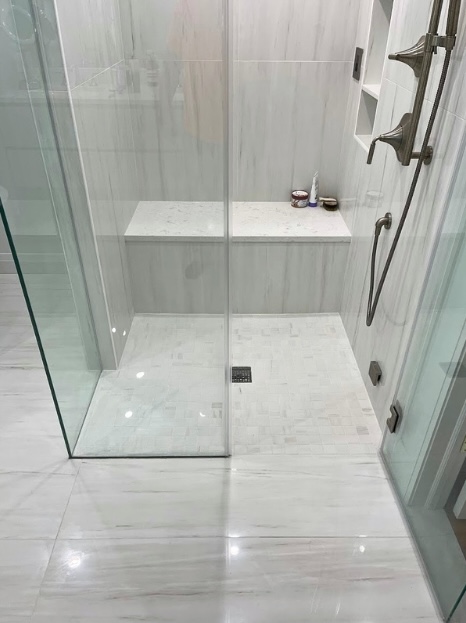Luxury white bathroom tile installation